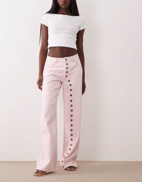 Lioness – Penny – Rosa jeans med vida ben och asymmetrisk knäppning - view 1