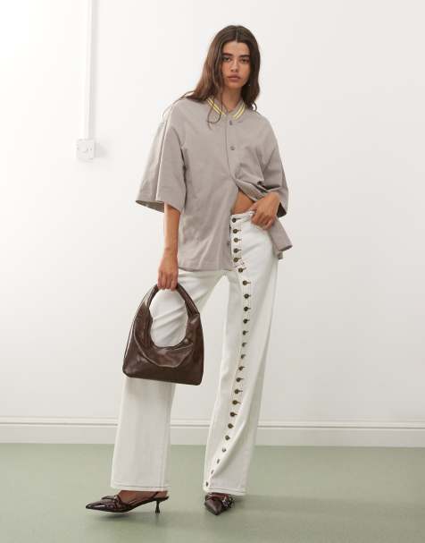 Lioness – Penny – Weit geschnittene Jeans in Weiß mit asymmetrischer Knopfleiste - view 1