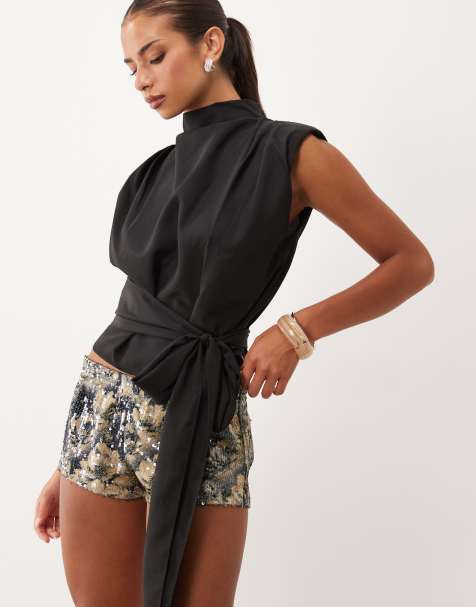 Lioness Penthouse funnel neck structured tie waist top in black (part of a set) - view 1