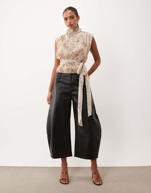 Lioness Penthouse funnel neck structured tie waist top in cream print, 2 of 4