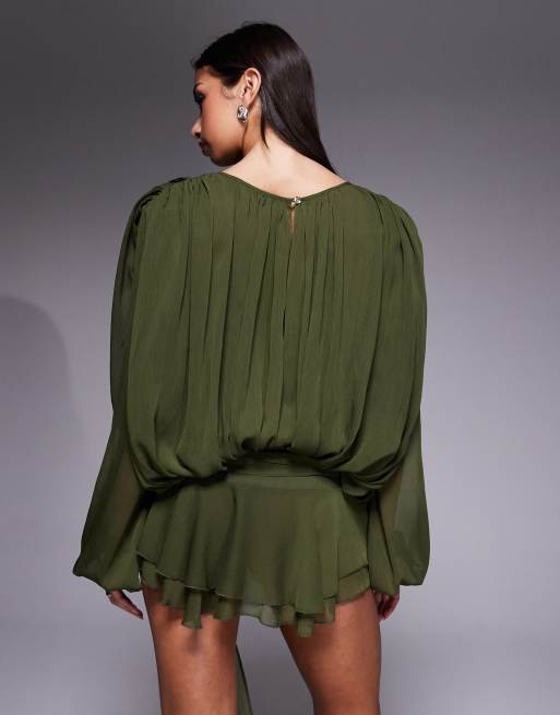 Lioness Petite - Elements - Robe courte en mousseline drapée avec taille nouée et manches ballon - Kaki, 4 de 4