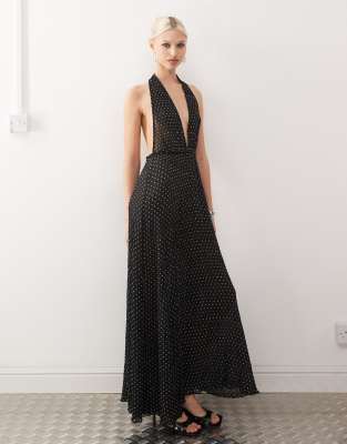 LIONESS PLUNGE BACKLESS HALTER PLISSE MAXI DRESS 