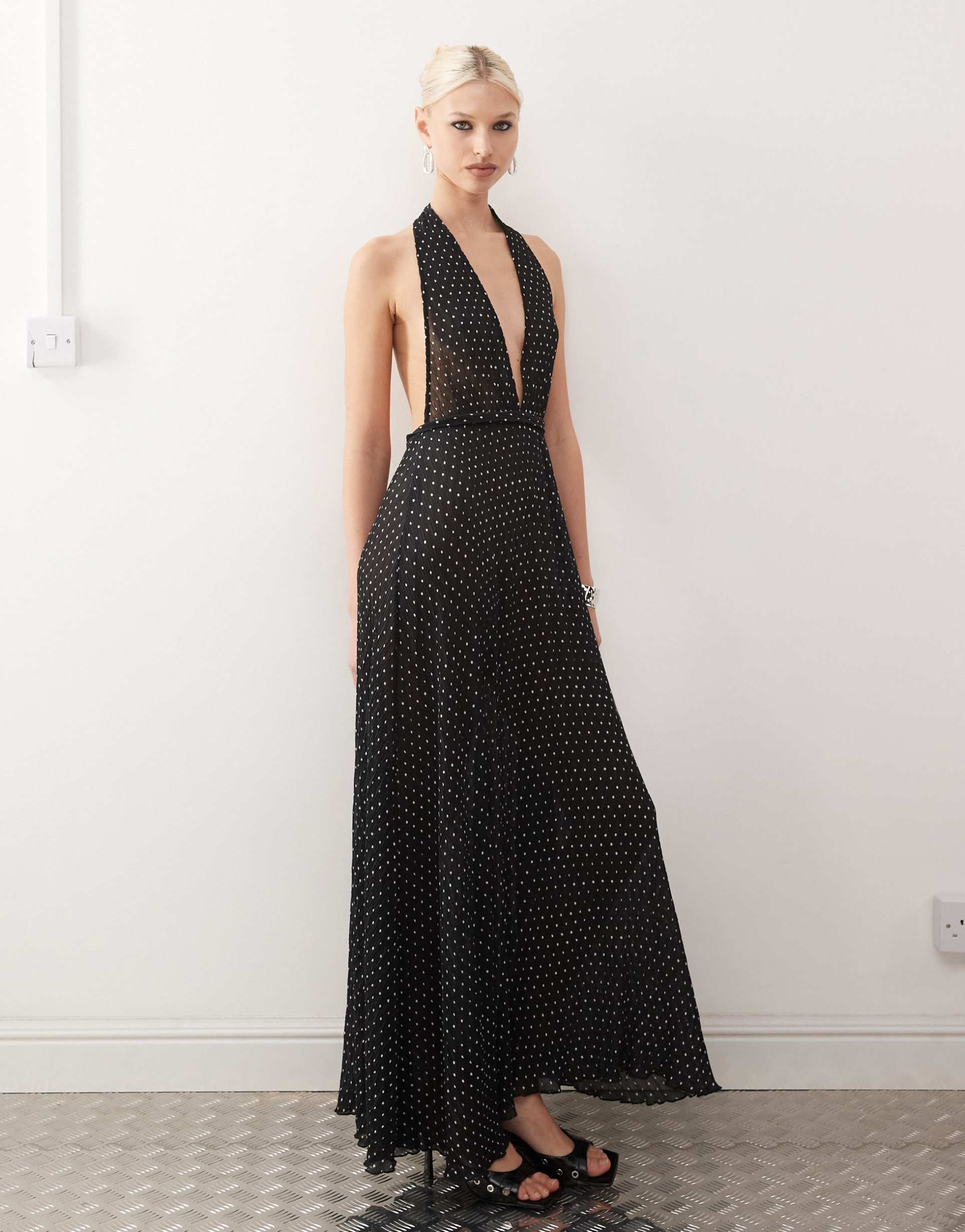 lioness plunge backless halter maxi dress in onyx polka dot