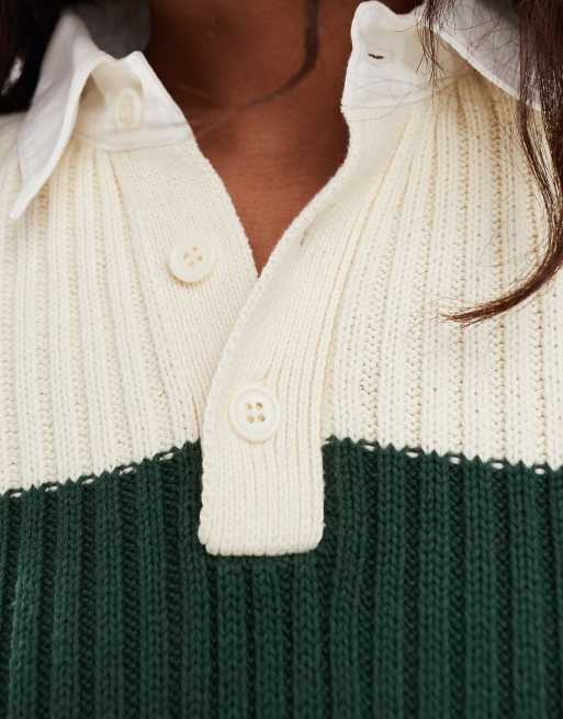 Lioness polo collar rugby stripe knitted jumper in green and cream, 2 of 4