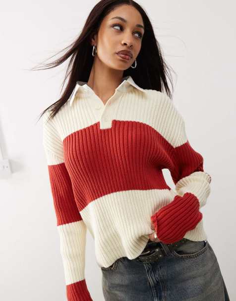 Lioness polo collar rugby stripe knitted jumper in red and cream - view 1