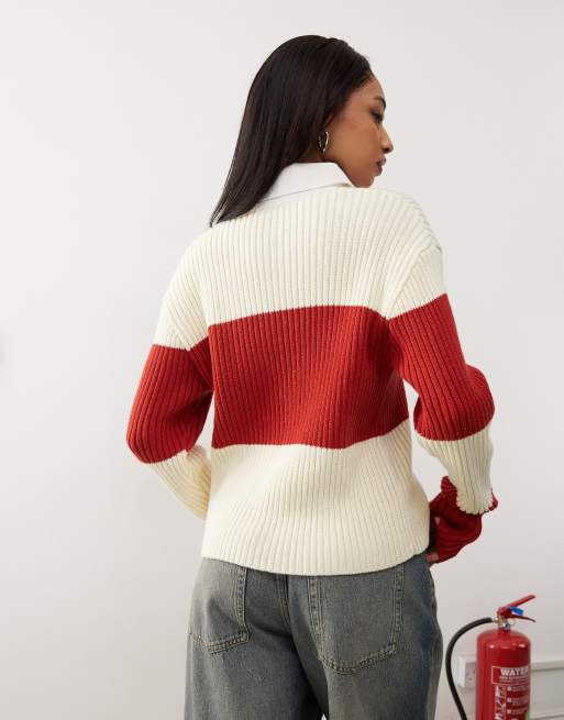 Lioness polo collar rugby stripe knitted jumper in red and cream, 3 of 4