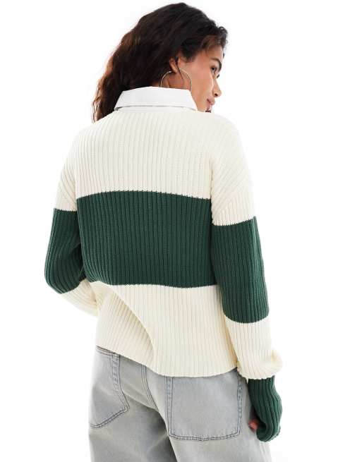 Lioness polo collar rugby stripe knitted sweater in green and cream, 3 of 4