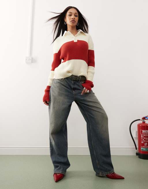 Lioness polo collar rugby stripe knitted sweater in red and cream