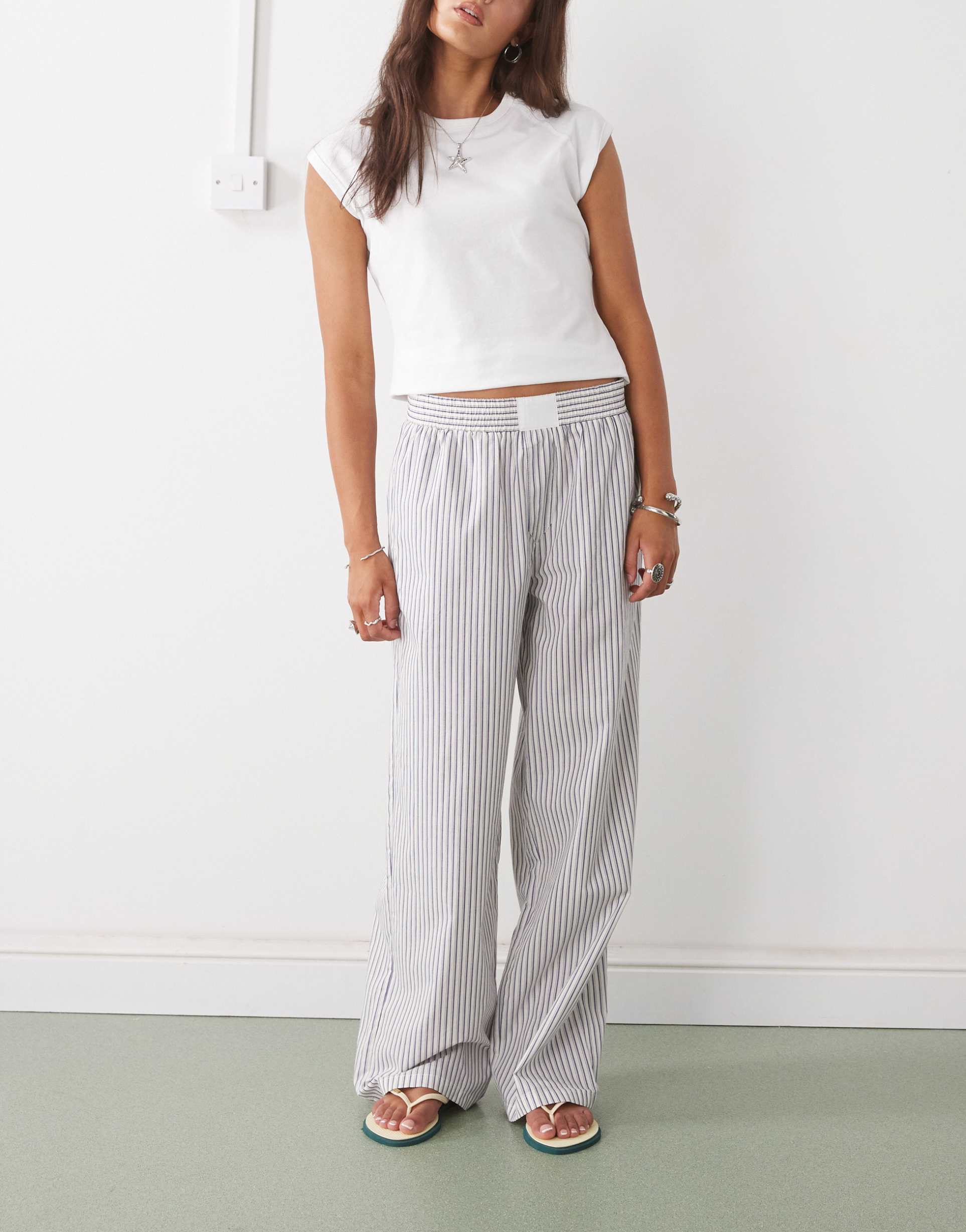 lioness poplin boxer style waistband wide leg pants in blue & cream stripe