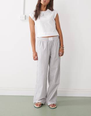 Lioness Lioness poplin boxer style waistband wide leg trousers in blue & cream stripe-Multi