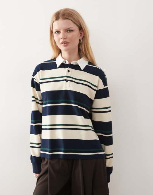 Lioness Preppy collar detail oversized long sleeve rugby top in navy and white stripe, 2 of 4