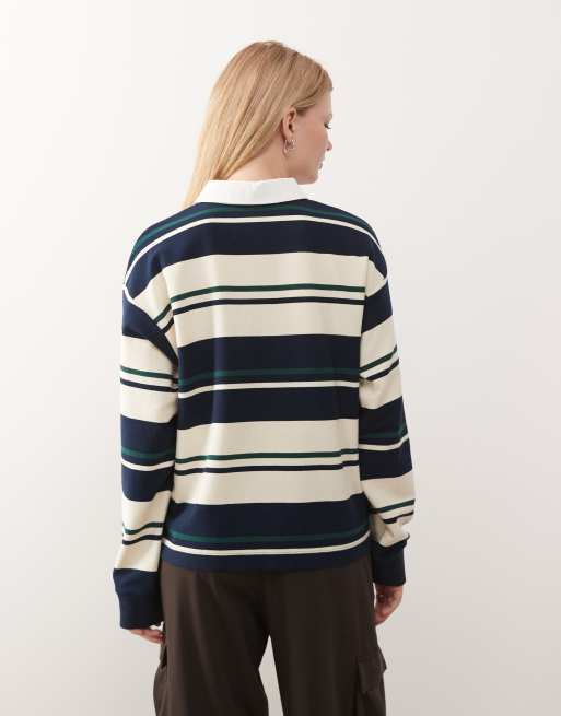 Lioness Preppy collar detail oversized long sleeve rugby top in navy and white stripe, 4 of 4