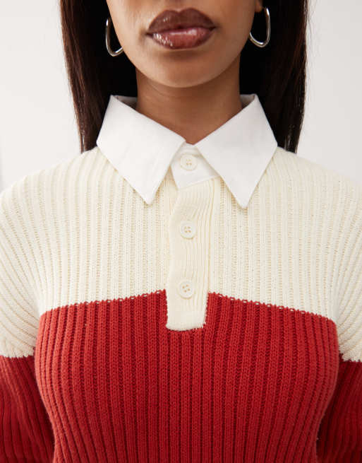 Lioness - Pull rayé en maille avec col style rugby - Rouge et crème, 4 de 4