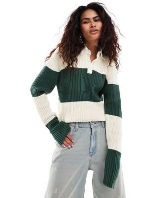 Lioness - Pull rayé en maille avec col style rugby - Vert et crème-Multicolore