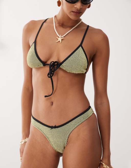 Lioness Ramirez mix and match bow detail contrast trim textured bikini bottom in yellow and black, 4 of 4