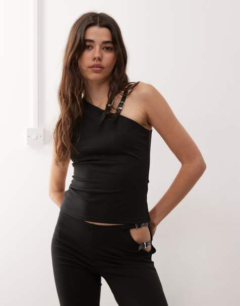 Lioness Rebel asymmetric shoulder buckle strap detail tank top in black - part of a set - view 1