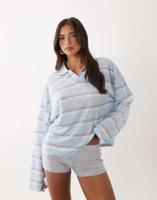 Lioness Rebels Contrast Collar Detail Wide Sleeve Oversized Top In Blue
