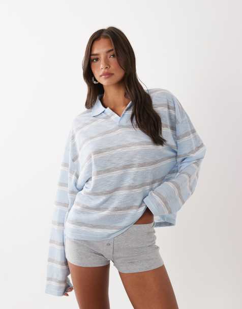 Lioness - Rebels - Oversized gestreepte jersey top met contrasterende kraag en wijde mouwen in babyblauw - view 1
