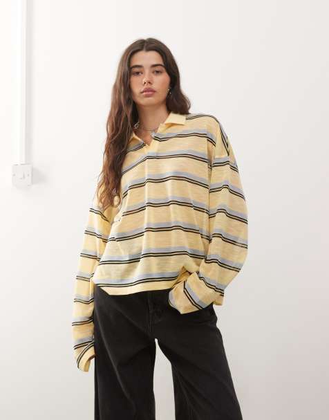 Lioness - Rebels - Oversized gestreepte jersey top met contrasterende kraag en wijde mouwen in geel - view 1
