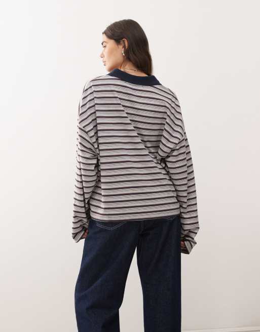 Lioness - Rebels - Oversized gestreepte jersey top met contrasterende kraag en wijde mouwen in multi, 2 van 4