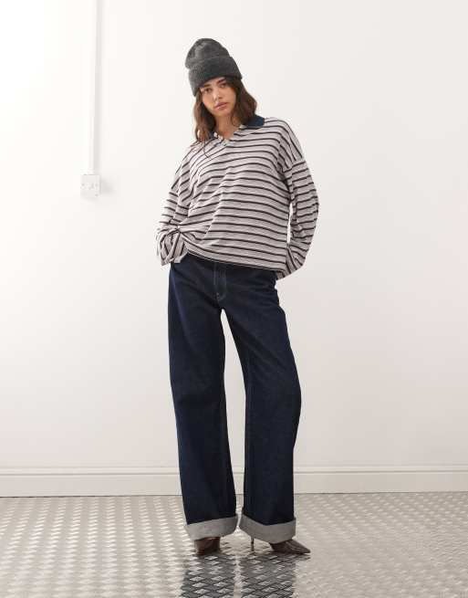 Lioness - Rebels - Oversized gestreepte jersey top met contrasterende kraag en wijde mouwen in multi, 3 van 4