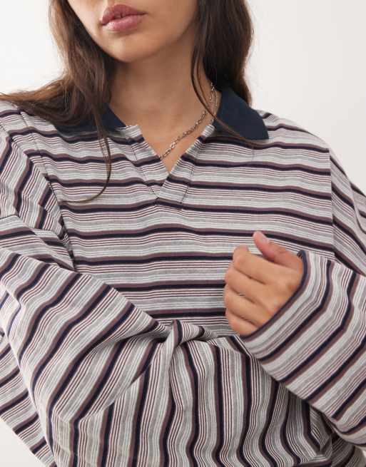 Lioness - Rebels - Oversized gestreepte jersey top met contrasterende kraag en wijde mouwen in multi, 4 van 4