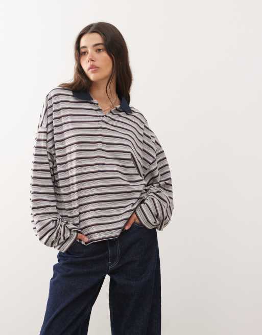 Lioness - Rebels - Oversized gestreepte jersey top met contrasterende kraag en wijde mouwen in zwart