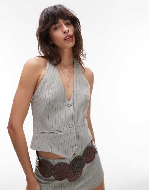 Lioness Renewal tailored plunge halterneck top co-ord in grey stripe - view 1