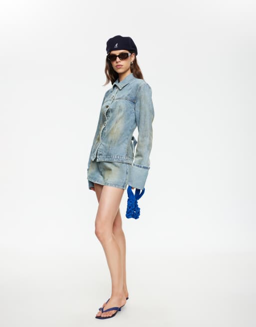 Lioness Rhode cotton blend cargo mini skirt in vintage stone blue wash, 3 of 4