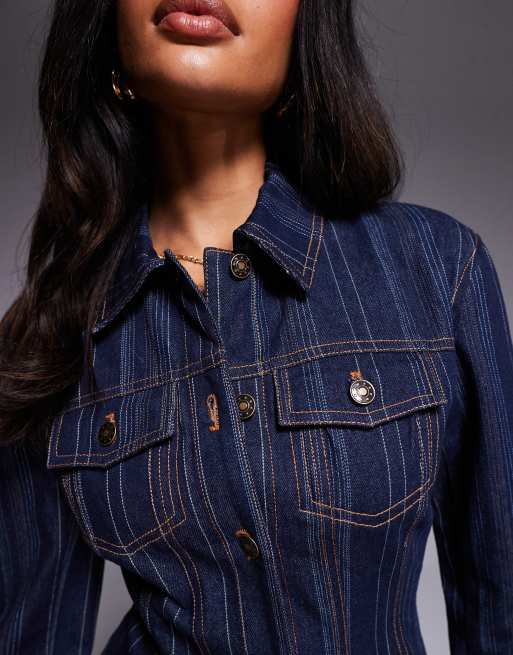 Lioness Rider cinch detail denim jacket  in dark wash denim stripe