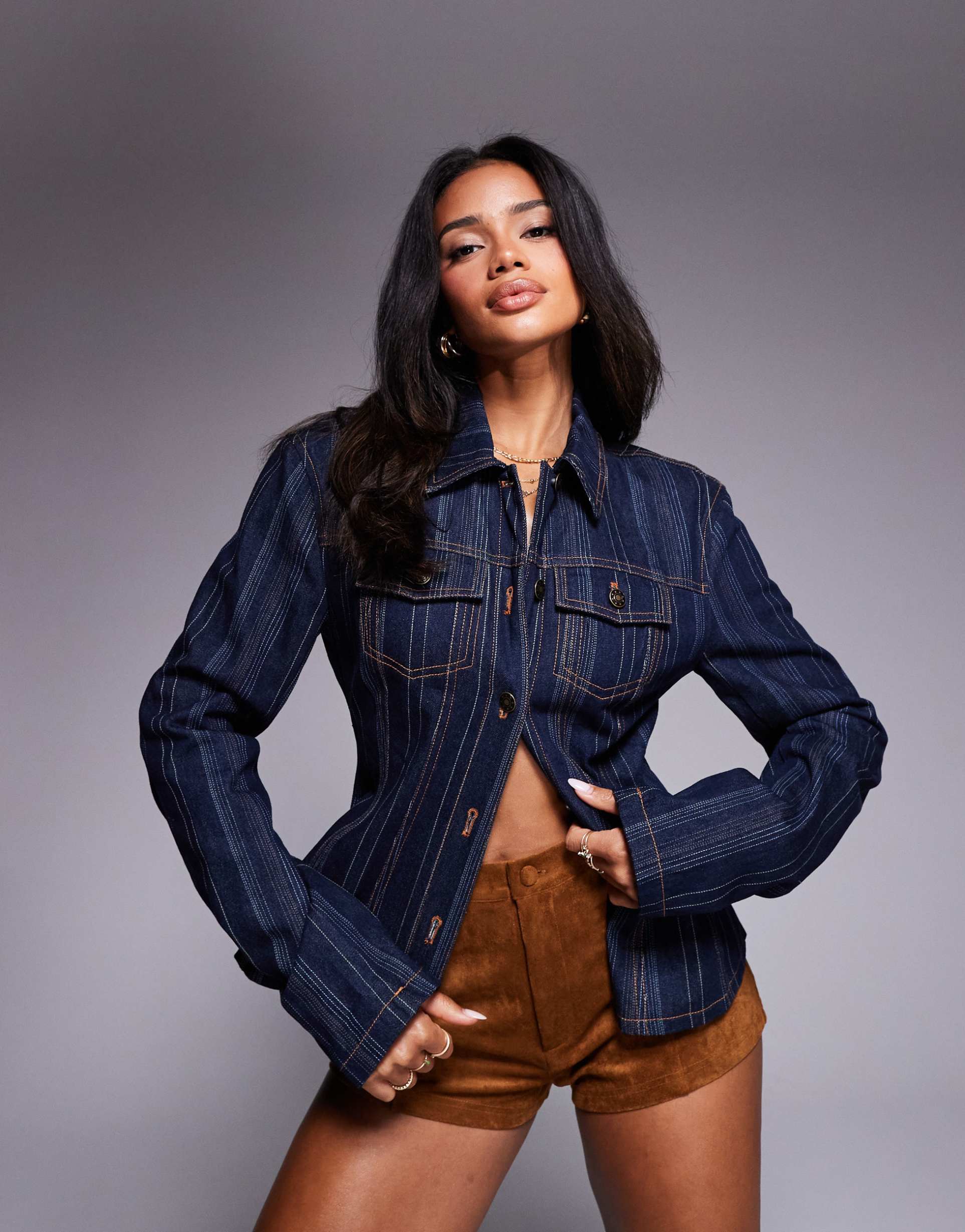 lioness rider cinch detail jacket in dark wash denim stripe