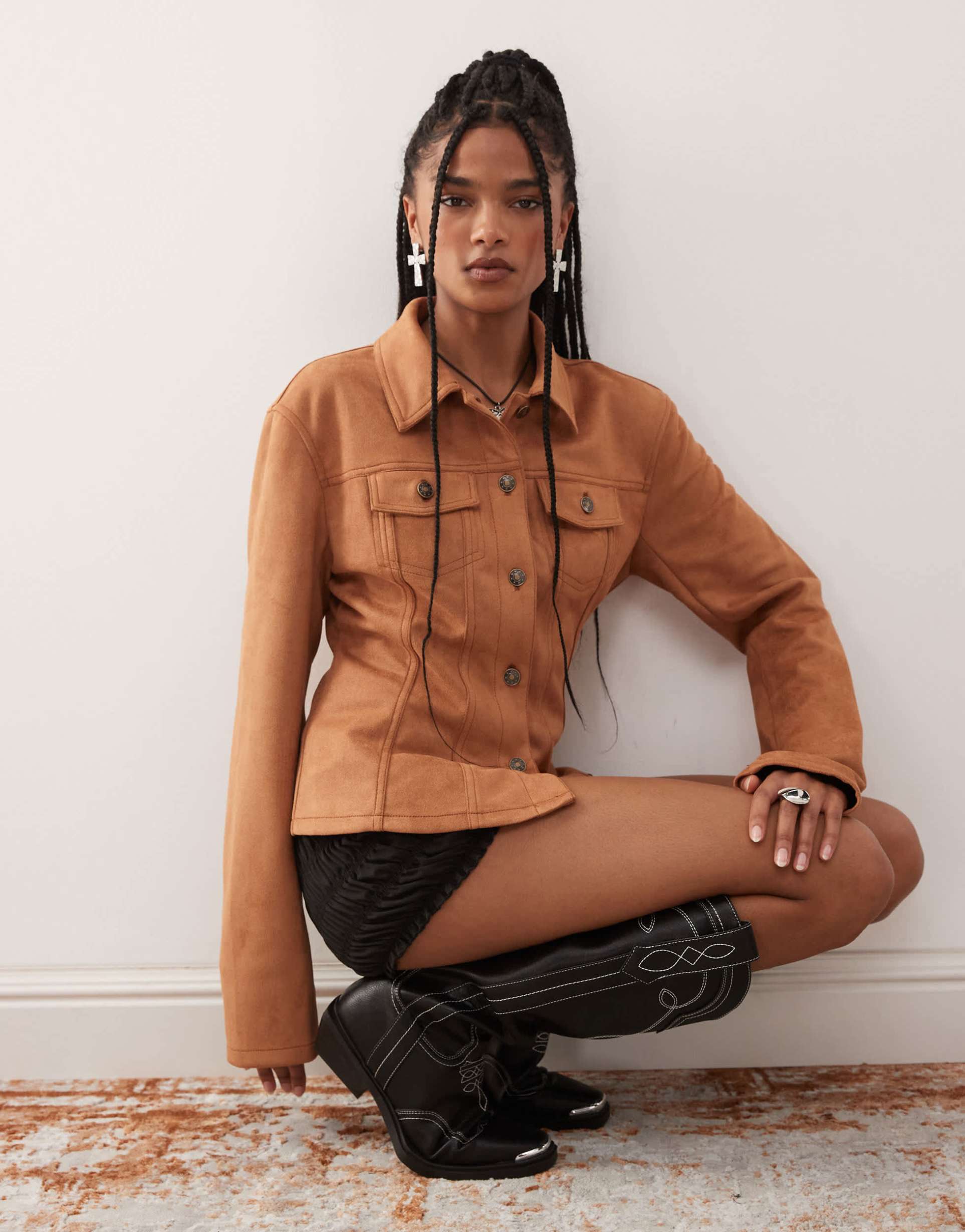 lioness rider faux suede cinch waist detail jacket in tan