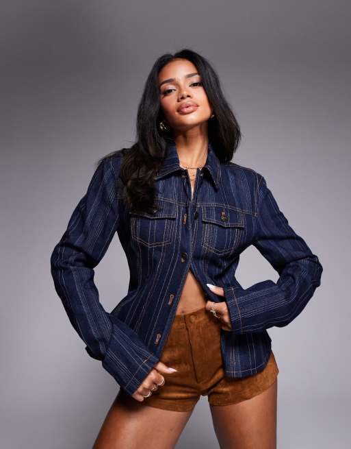 Lioness - Rider - Giacca di jeans lavaggio scuro a righe con dettaglio raccolto