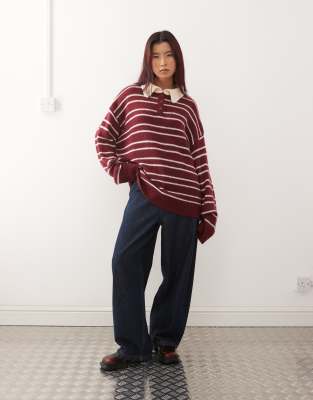 Lioness - Rising Sun - Gestreifter Oversize-Strickpullover in Burgunderrot und Cremeweiß mit Kontrastkragen