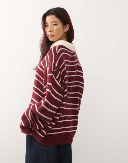 Lioness – Rising Sun – Gestreifter Oversize-Strickpullover in Burgunderrot und Cremeweiß mit Kontrastkragen, 4 von 4