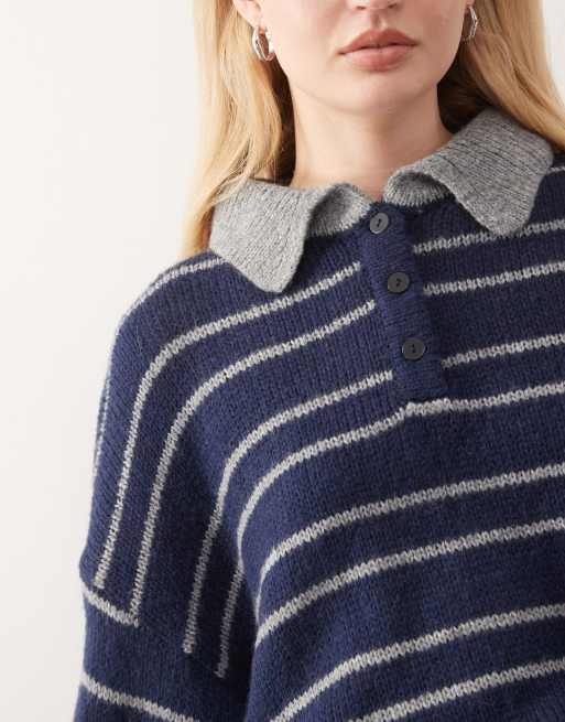 Lioness Rising Sun knitted contrast collar oversized jumper in navy and grey stripe, 2 of 4
