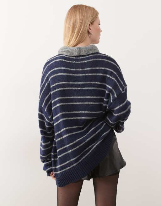 Lioness Rising Sun knitted contrast collar oversized jumper in navy and grey stripe, 4 of 4