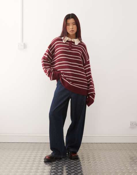 Lioness - Rising Sun - Maglione oversize lavorato a righe bordeaux e crema con colletto a contrasto - view 1