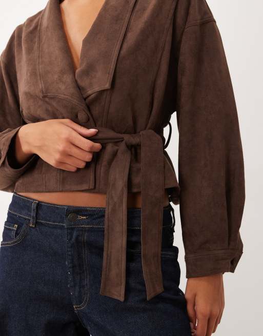 Lioness Ritz faux suede collar detail belted jacket in chocolate, 3 of 4