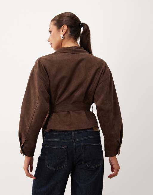 Lioness Ritz faux suede collar detail belted jacket in chocolate, 4 of 4
