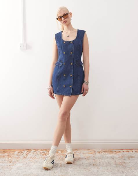 Lioness - Robe courte en jean à double boutonnage et détails poches -Bleu moyen délavé - view 1