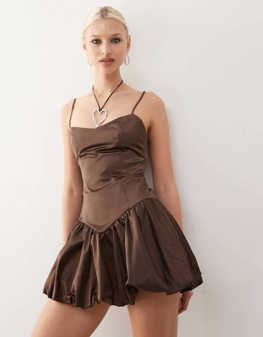 Lioness - Robe courte en satin coupe boule effet corset - Marron