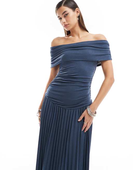 Lioness - Robe longue et plissée en maille à taille basse et encolure Bardot froncée - Bleu marine, 4 de 4