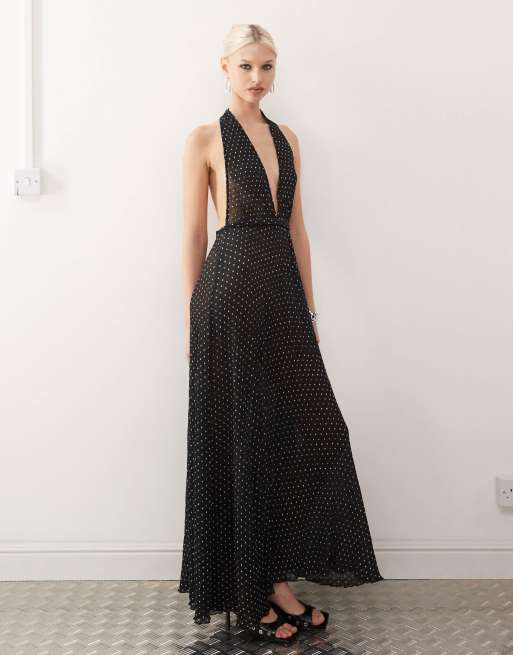 Lioness - Robe longue plissée à pois et décolleté plongeant avec dos nu et encolure nouée au dos - Noir