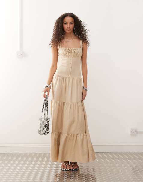 Lioness - Robe tendance folk en lin mélangé à décolleté en cœur et jupe longue à volants étagés - Beige - view 1