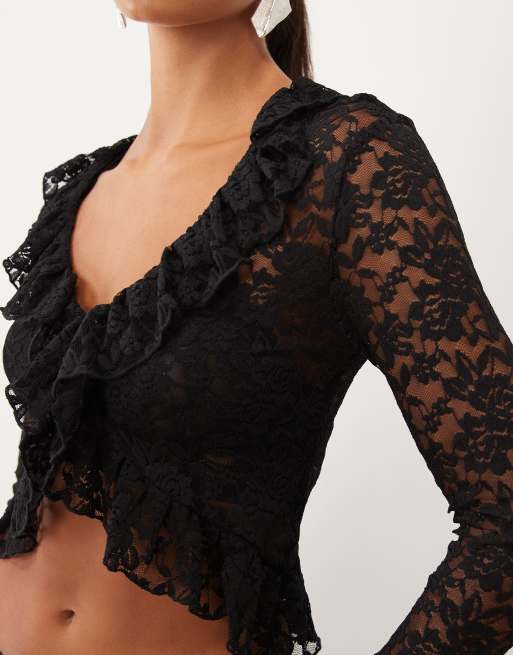 Lioness ruffle lace long sleeve top co-ord in black, 3 of 4