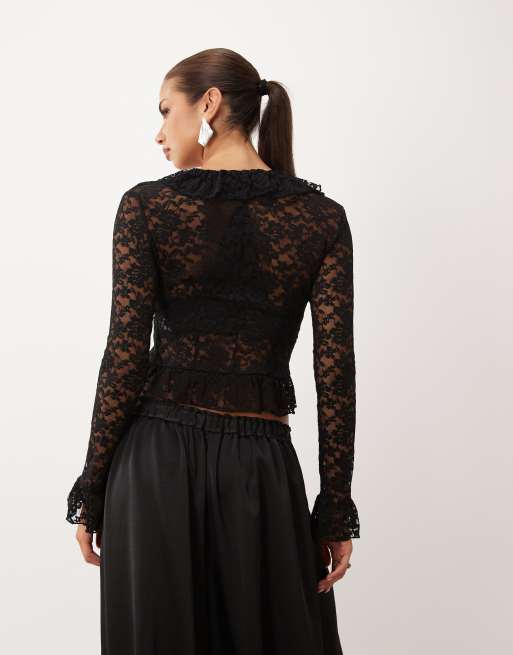 Lioness ruffle lace long sleeve top co-ord in black, 4 of 4