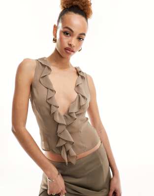 Lioness Ruffle Sheer Chiffon Plunge Top In Taupe - Part Of A Set-neutral