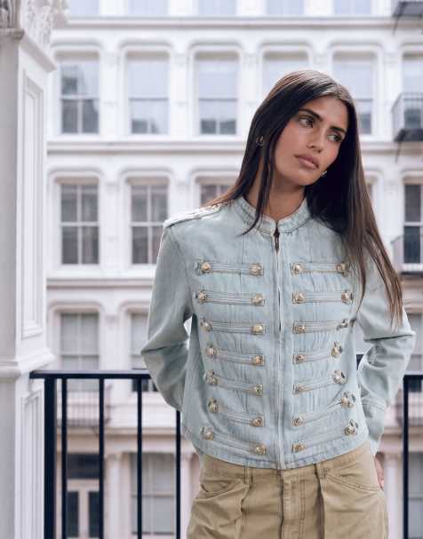 Lioness Rush Hour Napoleon button detail military jacket in lightwash denim - view 1