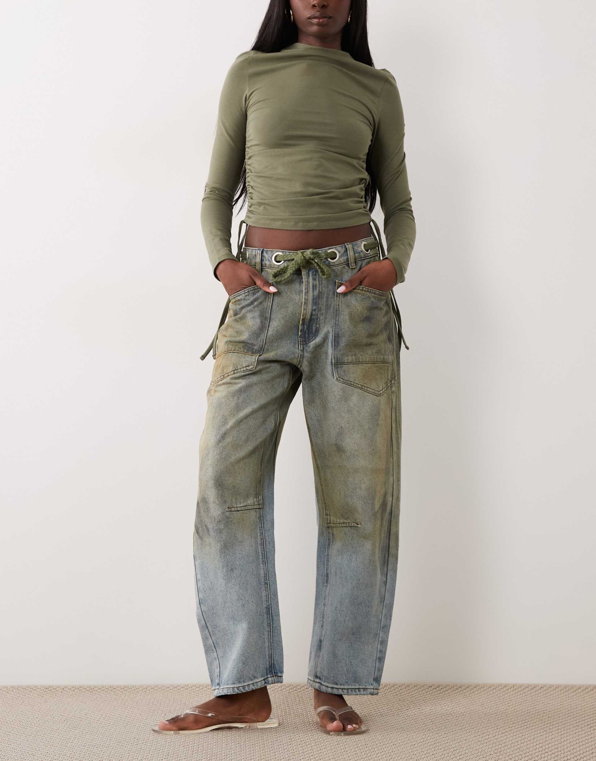 lioness rush hour straight leg tie detail jeans in stone blue wash